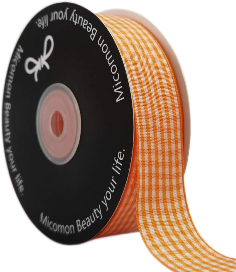 Micomon Orange Gingham Plaid Checked Ribbon 25 Yard Each Roll 100% Polyester (1", Orange) - Crafty Corner