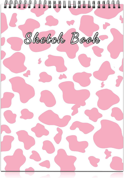 Deokke Sketchbook Top Spiral Bound Sketch Pad, 9 x 12 inch,100GSM Thick Paper,50 Sheets 100 Pages,Art Sketch Book Aesthetic Cute Drawing Writing Paper,for Girls Women-Pink Cow Pattern Western