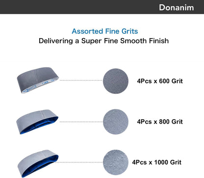 Sanding Belts 3 x 21 Inch Silicon Carbide Sander Paper - 4 PCS Each of 600, 800,1000 Fine Grits Assortment Kit for 3X21 Belt Sander, 12-Pack (3x21 inch)