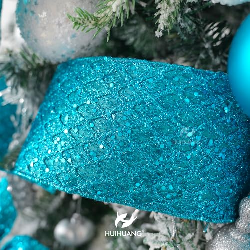 Turquoise Glitter Wired Christams Ribbon 4 inch x 10 Yards (30 Foot)
