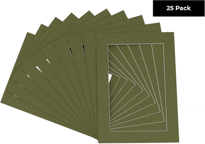 Pack of 25 Acid Free 8x10 Mats Bevel Cut for 5x8 Photos - Dill Green Precut Matboards With Backing Boards and Clear Photo Mat Bags For Pictures, Photos, Framing - 4-ply Thickness