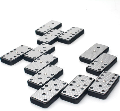 Bucher&Rossini Metal Surface Dominoes Set Double 6 - Classic Black Domino's Game Set with Silver Metal Surface for Adults and Kids Ideal Gift for Domino Players or Family Game Night