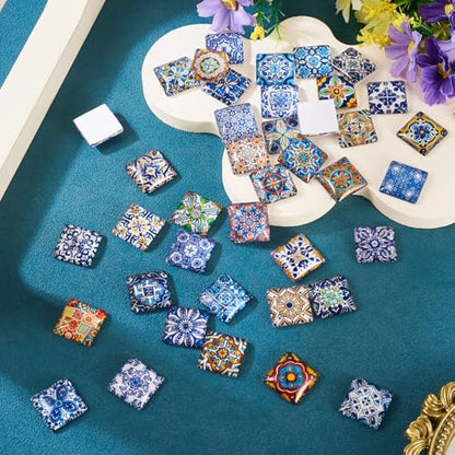 20Pcs 20mm Flower Printed Mosaic Tile Glass Cabochon Square Floral Glass CabochonsVintage Mixed Colors Dome Cabochon for Photo Cameo Pendant Craft Jewelry Making Supplies Craft (20 Count)