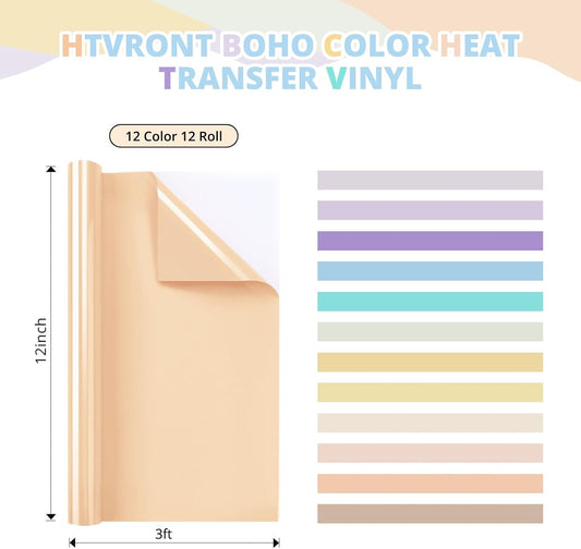 HTVRONT Boho HTV Vinyl Bundle - 12 Pack 12" × 3FT Heat Transfer Vinyl for T Shirts, Pastel Iron on Vinyl Compatible with Cricut Cutting Machine, Easy to Use HTV with 12 Macarons Color