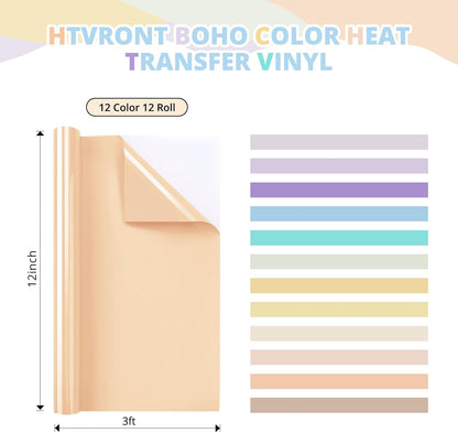 HTVRONT Boho HTV Vinyl Bundle - 12 Pack 12" × 3FT Heat Transfer Vinyl for T Shirts, Pastel Iron on Vinyl Compatible with Cricut Cutting Machine, Easy to Use HTV with 12 Macarons Color