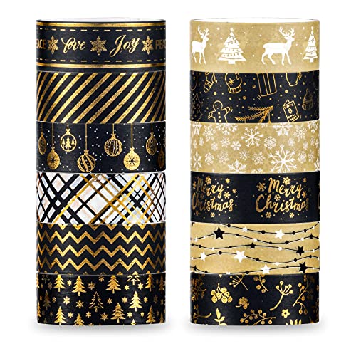 12 Rolls Christmas Washi Tape Black Gold Xmas Washi Masking Tape Foil Gold Snowflake Xmas Tree Xmas Tree Ball Plaid Pattern Decorative Tape for Scrapbook Journal DIY Craft Gift Wrapping (117.6 Foot)