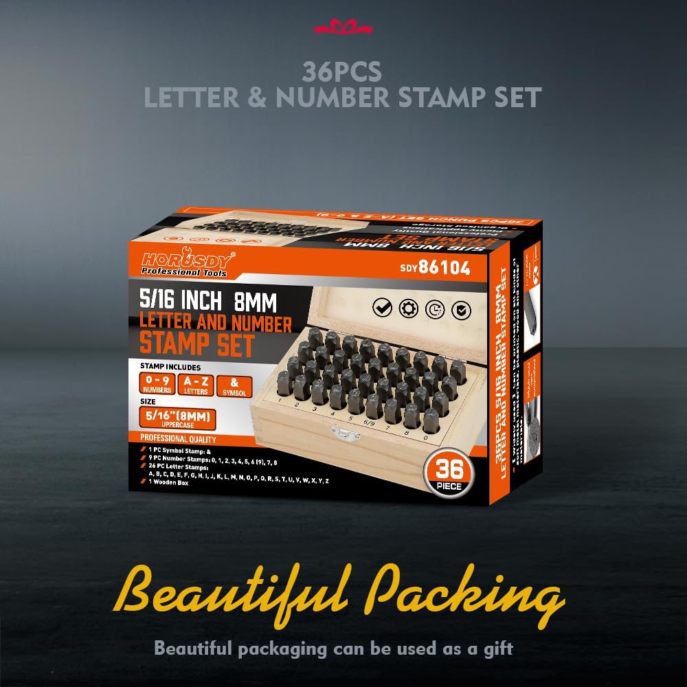 HORUSDY 36-Piece Number and Letter Stamp Set 5/16 (8mm) (A-Z) Punch Perfect for Imprinting Metal Stamping kit, Plastic, Wood, Leather
