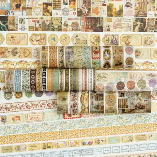 36 Rolls Vintage Washi Tape Pack Retro Arts Adhesive Tapes Wide Chronicle Decorative Masking Tape Sets for Craft (118.1102 Foot)