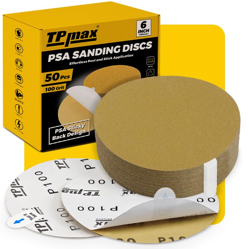 6-Inch 100-Grit Gold PSA Sanding Discs, 50 Pack – Pro-Grade Self-Adhesive Stickyback Sandpaper with Quick-Release Tabs for DA Sander, Medium-Coarse Automotive/Wood/Metal Sanding (50 Count)