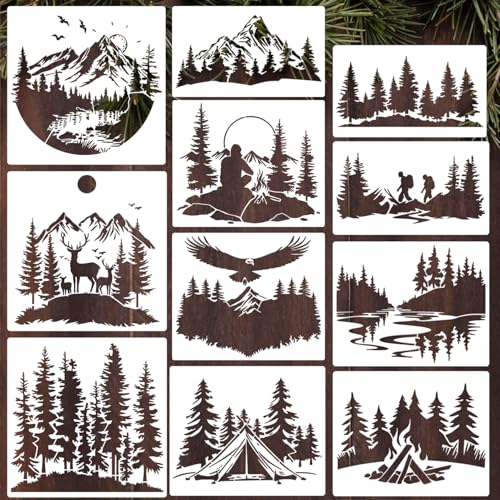 Mountain Tree Stencils for Painting Forest Animal Stencils for Wood Burning (11 Count)