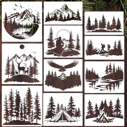 Mountain Tree Stencils for Painting Forest Animal Stencils for Wood Burning (11 Count)