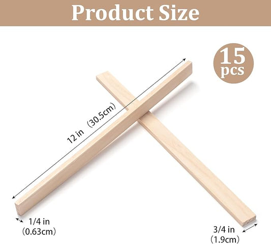 Wood Trim Wooden Strips Slats for Wall, Wooden Dowels Sticks for Crafts, 1/4" × 3/4" × 12", 15 PCS Square Wood Dowel Rods for Crafting, Unfinished Hardwood Sticks Flat Lumber Boards for Woodworking