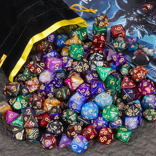 Starry Glitter Polyhedral Dice Set with Drawstring Pouch (182 Count)
