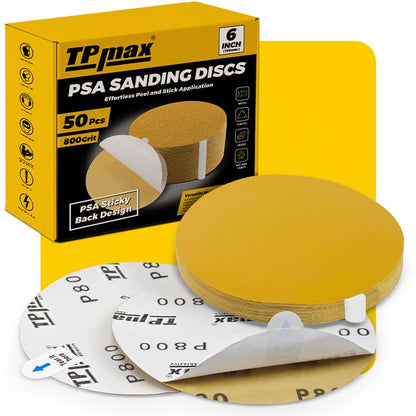 6-Inch 800-Grit Gold PSA Sanding Discs, 50 Pack – Pro-Grade Self-Adhesive Stickyback Sandpaper with Quick-Release Tabs for DA Sander, Ultra-Smooth Automotive/Wood/Metal Sanding (50 Count)