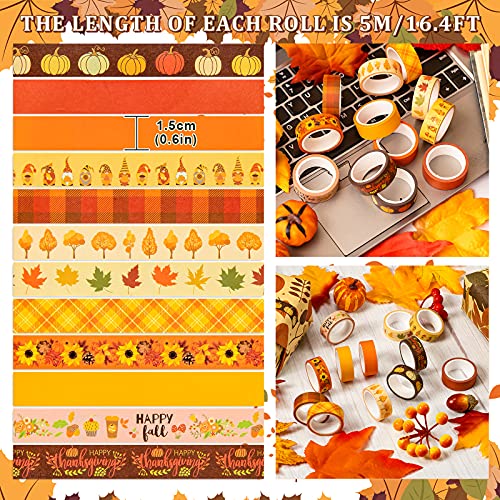 12 Rolls Fall Washi Tape Thanksgiving Autumn Maple Leaves Pumpkin Gnome Masking Washi Tape 15mm Thanksgiving Harvest Decorative Tape Sticker for Scrapbook Journal DIY Craft Gift Wrapping (196.85 Foot)