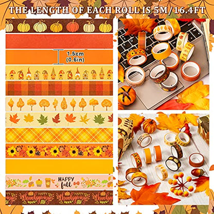 12 Rolls Fall Washi Tape Thanksgiving Autumn Maple Leaves Pumpkin Gnome Masking Washi Tape 15mm Thanksgiving Harvest Decorative Tape Sticker for Scrapbook Journal DIY Craft Gift Wrapping (196.85 Foot)