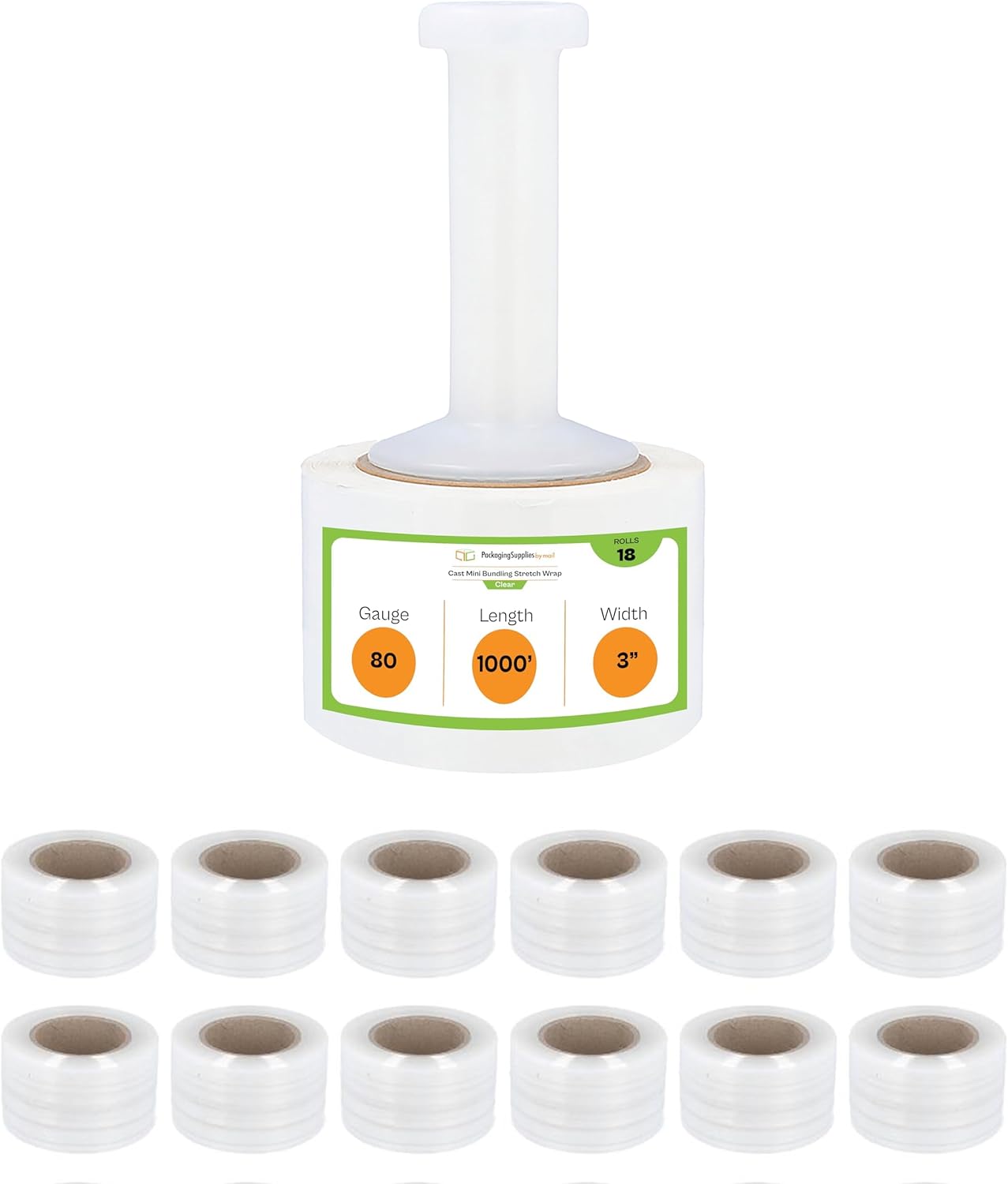 PSBM Mini Stretch Wrap with Handle, 18 Pack, 3 Inch x 1000 Feet, 80 Gauge, Clear, Small Plastic Cling Film for Pallets Moving Storing