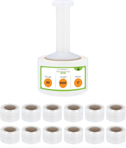 PSBM Mini Stretch Wrap with Handle, 18 Pack, 3 Inch x 1000 Feet, 80 Gauge, Clear, Small Plastic Cling Film for Pallets Moving Storing