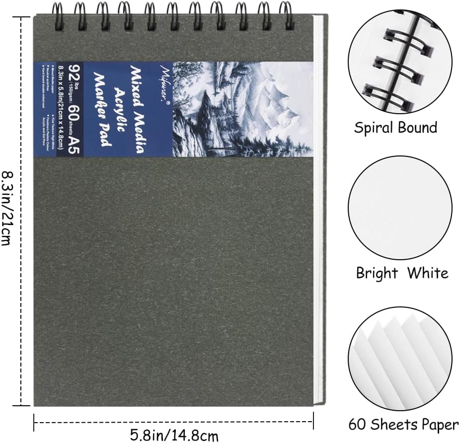 8.3x5.8 Sketch Book, Top Spiral Bound Sketch Pad, 60sheets 92lb/150gsm Bright White Paper, Acid-Free Mixed Media Paper for Painting, Dawing & Art Supplies. B-Darkgrey - Crafty Corner