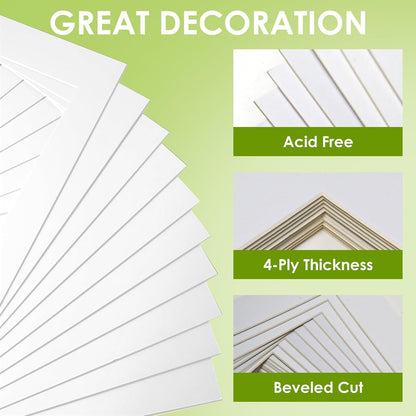 18 Pack Picture Mats, 8x10 for 6x8 Picture Frame Mats, Acid Free Core Bevel Cut Picture Frame Mattes for Photos Artworks Prints (White)