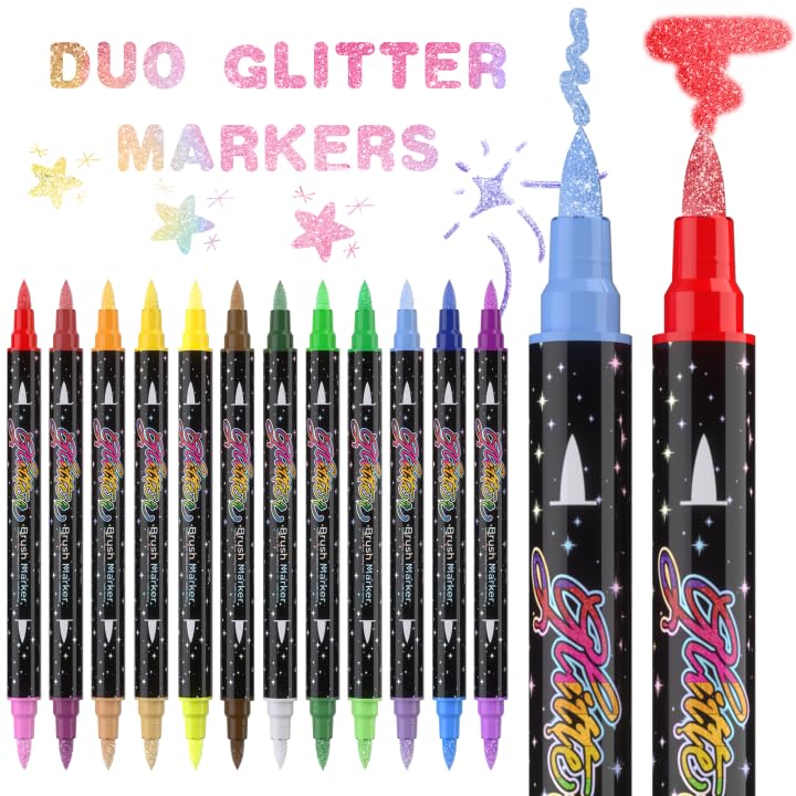 24 Colors 12 Pcs Glitter Markers Pens (12 Count)