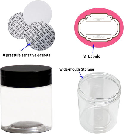 4 oz Plastic Jars with Lids,8 Pack Wide-mouth Clear Storage Containers, Empty Round Clear Plastic Jars with Lids and labels for Body Butter, Bath Salt, Slime and Beauty Products