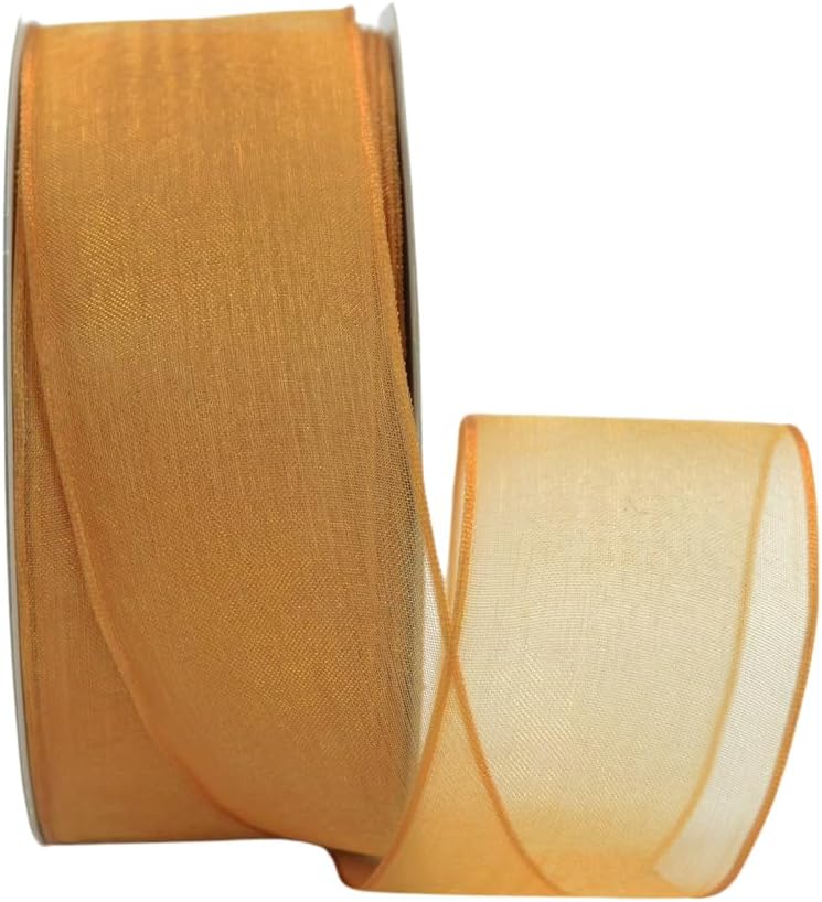 Ribbon Bazaar Sheer Organza Wired Ribbon - 100% Polyester Wire Edged Ribbon for Floral Decor, Table Arrangements, Apparel Embellishment & More - 1-1/2" Old Gold 25yd - Crafty Corner