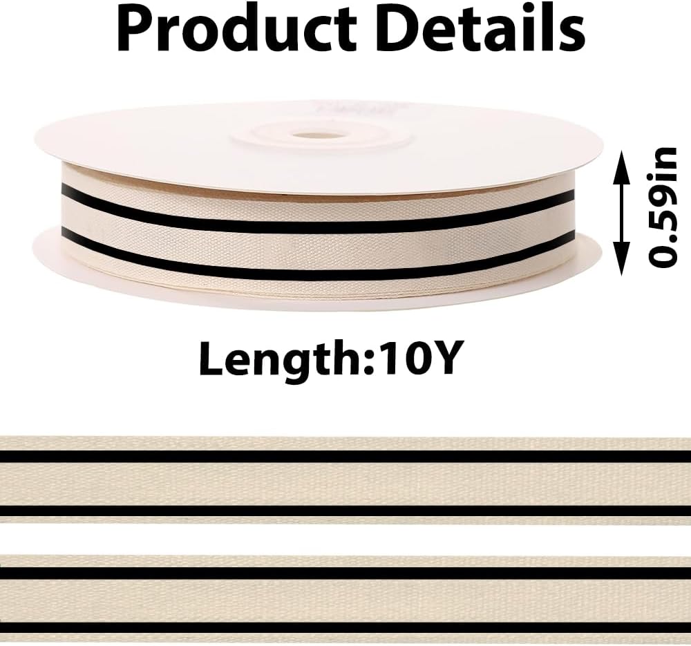 10 Yards × 3/5 Inch Black Natural Cotton Ribbon, Double Sided Webbing Straps Ribbons, Birthday Wedding Valentines Ribbons for Crafting, DIY Sewing, Gift Wrapping - Crafty Corner