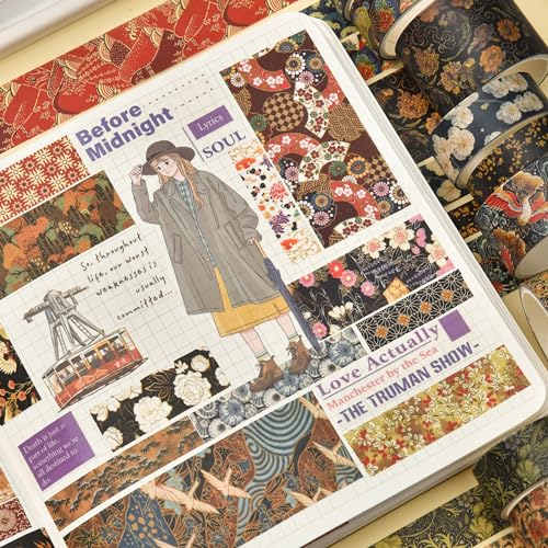 12 Rolls Kyoto Charm Washi Tape Set Japanese Arts Adhesive Tapes Geometric Garden Decorative Masking Tape Sets for Craft (12 Count)