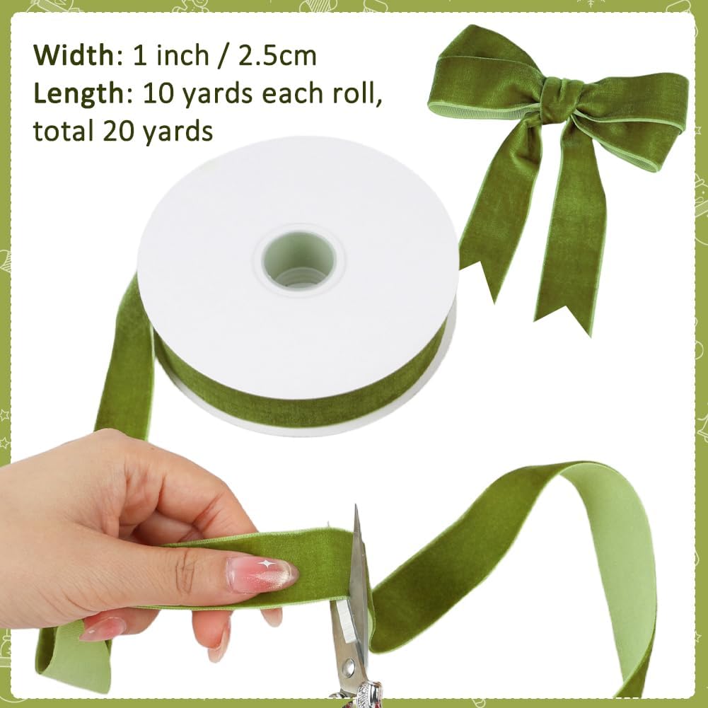 Mousse Green Velvet Ribbon, 1 Inch x 20 Yards Single Faced Mousse Green Ribbon for Gift Wrapping, Bow Making, Christmas Tree Decorations, Wreath Making and DIY Crafts (10 Yards Each Roll) - Crafty Corner