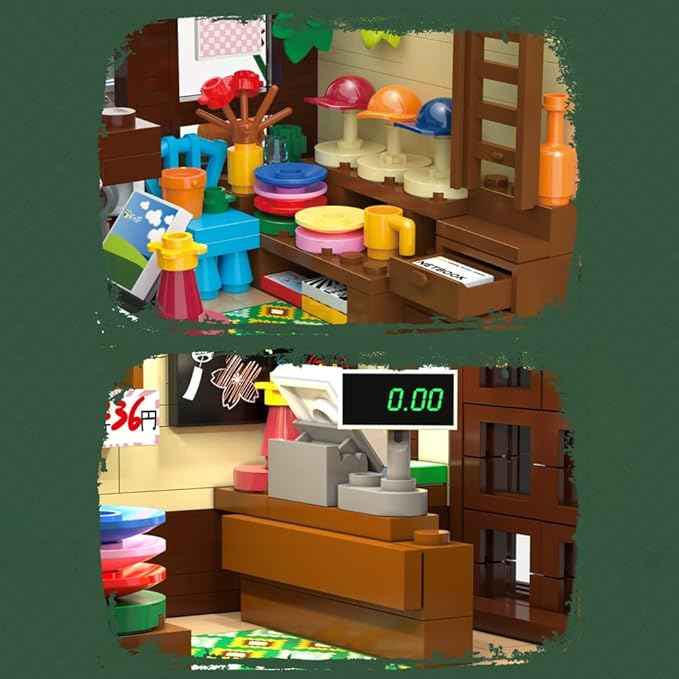 CaDA Japanese Style Cat Grocery Store House Building Set, Master C66015W City Street Brick Kit with Lights, 8921PCS Modular House Idea Gift for Adults
