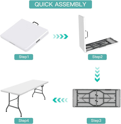 6ft Folding Table, Foldable HDPE Dining Table for Picnic, Camping, Party, Display with Carrying Handle - White