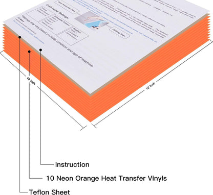 JANDJPACKAGING Neon Orange Heat Transfer Vinyl HTV for T-Shirts 12"x10" 10 Pack Iron on Vinyls (Neon Orange)