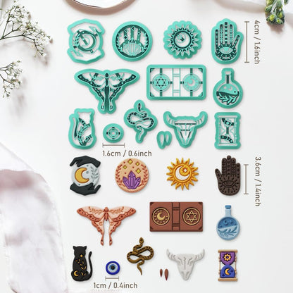 Mysterious Boho Clay Cutters - 13 Shapes Mysterious Magical Elements Polymer Clay Cutters for Jewelry, Earring Making Kit with Storage Box