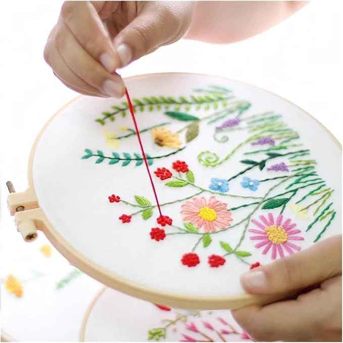 Act Iron Embroidery Starter Kit Full Range of Starter Including Instructions Stamped Cloth with Pattern Hoop Color Threads and Tools Crafts for Adults(Flowers 2)