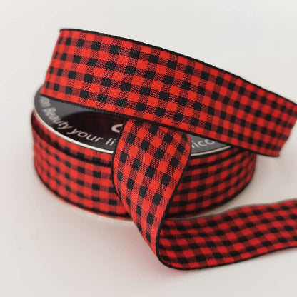 Red and Black Gingham Plaid Checked Ribbon 25 Yards Each Roll 100% Polyester