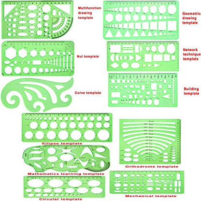 11 Pieces Geometric Drawings Templates Stencils Plastic Measuring Template Rulers Clear Green Shape Template for Drawing Engineering Drafting Building School Office Supplies (11 Count)