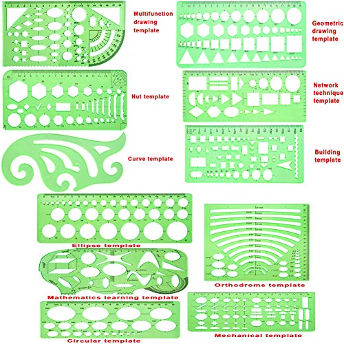 11 Pieces Geometric Drawings Templates Stencils Plastic Measuring Template Rulers Clear Green Shape Template for Drawing Engineering Drafting Building School Office Supplies (11 Count)