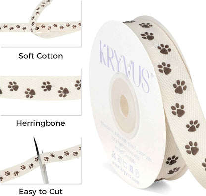 Paw Print Ribbon - 5/8 Inch x 12 Yards Natural Twill Tape Ribbon, Cotton Herringbone Ribbons for Gift Wrapping, Crafts, Dog Party Supplies, DIY Decoration - Crafty Corner