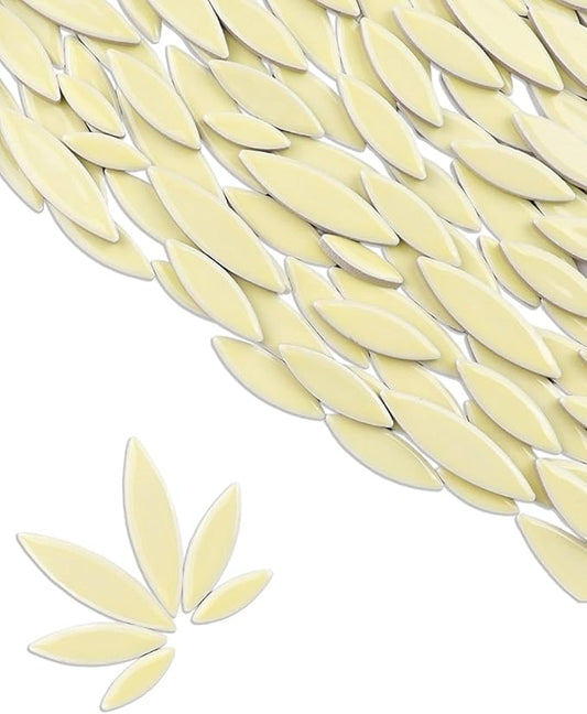 200g Ceramic Petals Bulk Mosaic Tiles for Craft, Small Oval Stepping Stone Kit, Glazed Porcelain Pieces for Coaster Tray House Number Mirror Lamp Home Decorations (Beige)