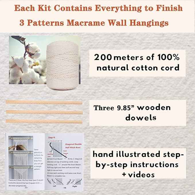 RQWZBCHX DIY Macrame Wall Hanging Kits, 3 Patterns Macrame DIY Wall Hangers for Beginners, Home Decor with 200 Meters Macrame Cord, 3 PCS Wooden Dowels and Instruction Booklet for Macrame Starters