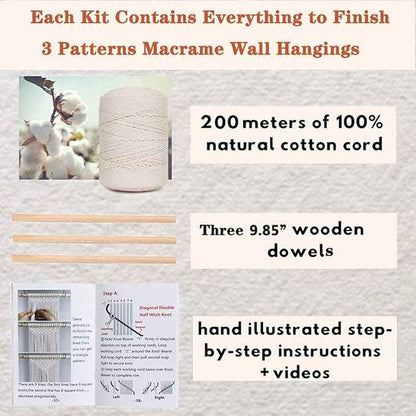 RQWZBCHX DIY Macrame Wall Hanging Kits, 3 Patterns Macrame DIY Wall Hangers for Beginners, Home Decor with 200 Meters Macrame Cord, 3 PCS Wooden Dowels and Instruction Booklet for Macrame Starters