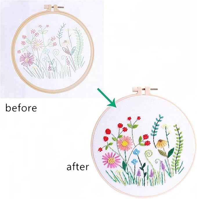 Act Iron Embroidery Starter Kit Full Range of Starter Including Instructions Stamped Cloth with Pattern Hoop Color Threads and Tools Crafts for Adults(Flowers 2)