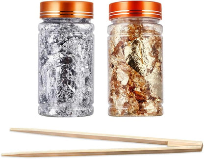 Gold Flakes for Resin, 2 Bottles 10g Imitation Golden Foil Gilding Flake Metallic Leaf for Cake Decoration Chocolate Making Nails Painting Art Crafts with Bamboo Tweezers (Gold, Silver Colors)