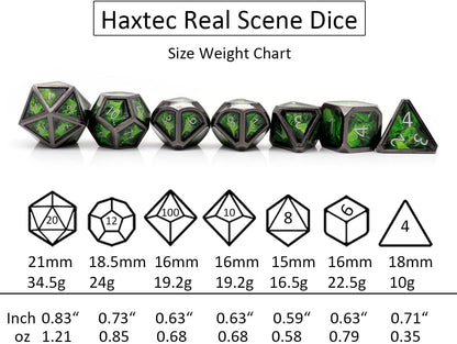 Haxtec Metal Dice Set D&D Acid Splash Real Scene Black Green Polyhedral DND Dice W/PU Leather Dragon Eye Dice Bag for TTRPG Compatible with Dungeons and Dragons Gifts