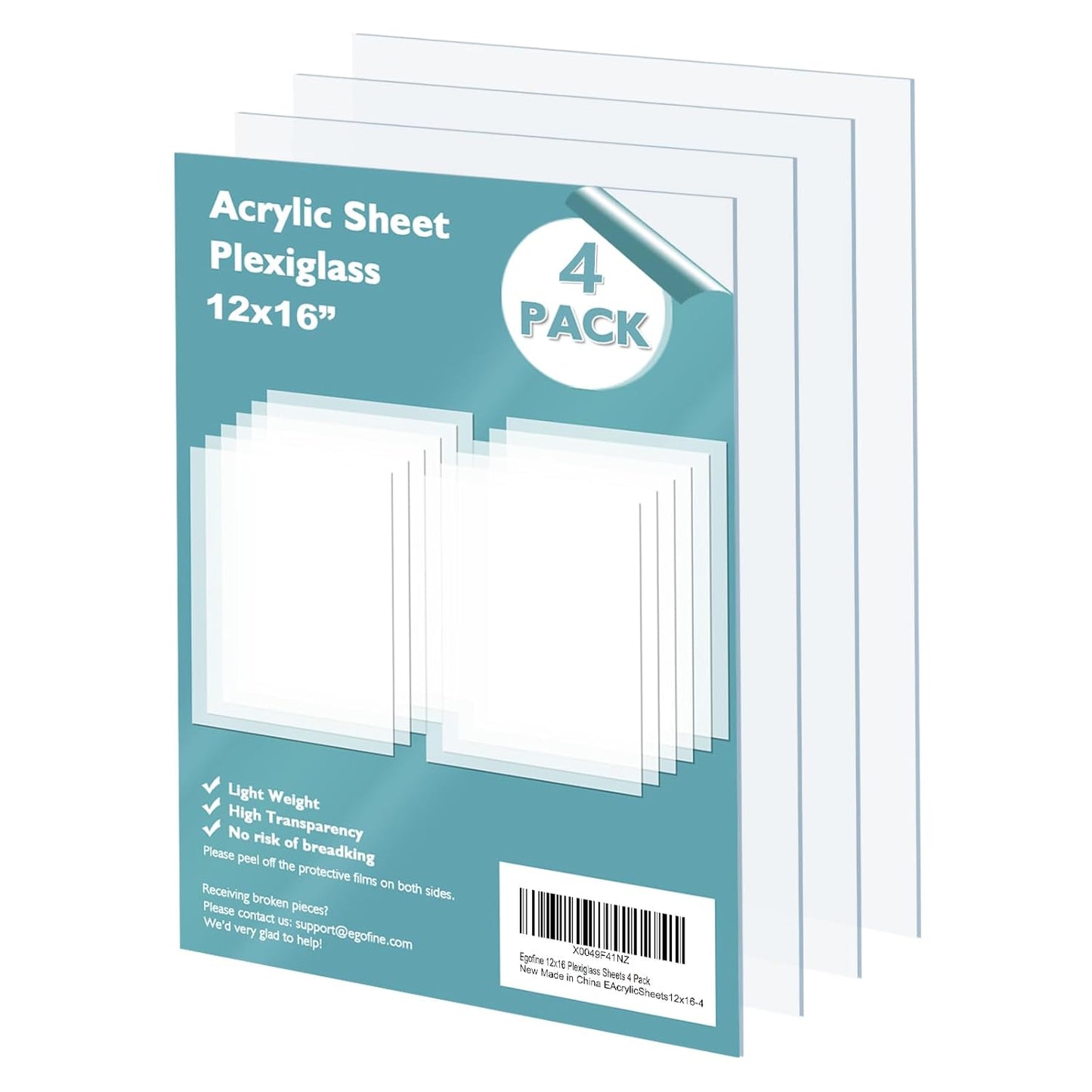 Egofine Plexiglass Sheets Acrylic Sheets 4 Pack of 12x16’’ 0.04 Thick Clear Plastic Cast Transparent Plexi Glass for Crafting Projects, Replacement Picture Frame Glass, DIY Display, Easy to Cut