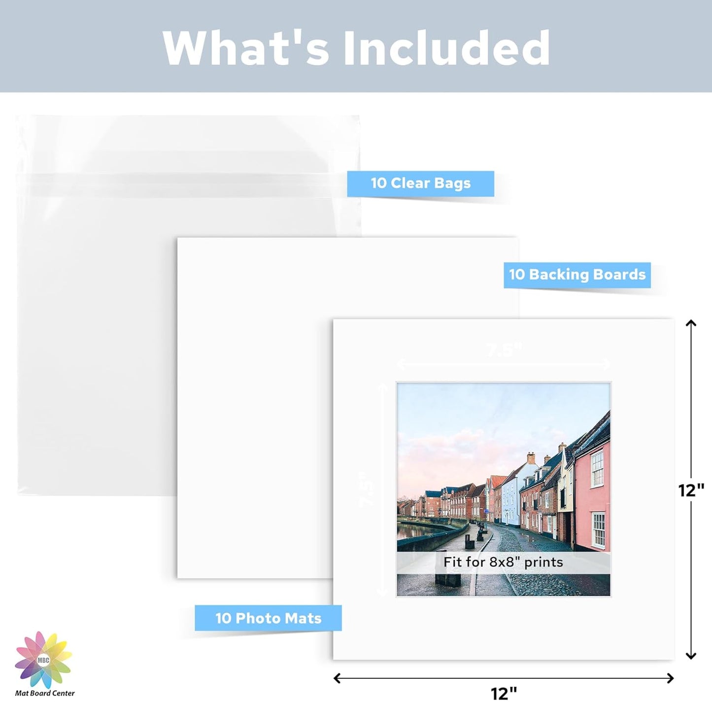 Mat Board Center, Pack of 10, 12x12 for 8x8 White Mat Kit - Acid Free, 4-ply Thickness, White Core - Includes Backing Boards and Clear Bags - for Pictures, Photos, Framing