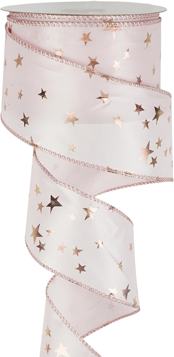 MEEDEE Rose Gold Star Satin Wired Ribbon - 2.5 Inch Pink Wedding Ribbon - 25 Yards Roll Christmas Decor - Crafty Corner