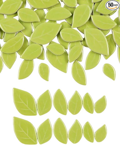 200g Mixed Sizes Leaves Mosaic Tiles for Craft Bulk, Small Ceramic DIY Stepping Stone Kit, Glazed Porcelain Tiles for Coasters Lamp Bathroom Decorations (Lime Green)