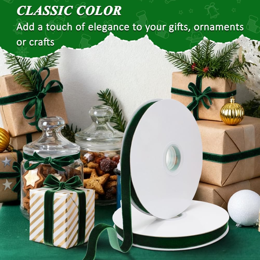 Dark Green Velvet Ribbon, 0.39 Inch x 20 Yards Single Faced Green Ribbon for Gift Wrapping, Bow Making, Christmas Tree Decorations, Wreath Making and DIY Crafts (10 Yards Each Roll) - Crafty Corner